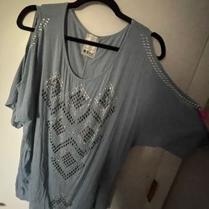 Vocal blue rhinestone open shoulder top
